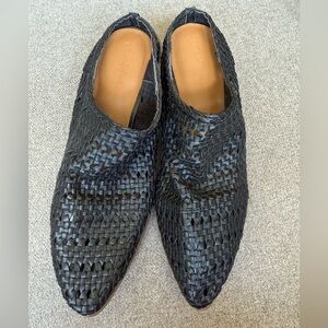Black Woven Leather Mules